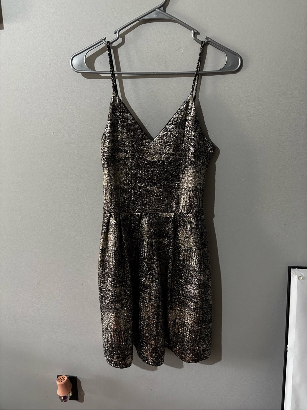 Soprano Black & Gold Metallic V-Neck Mini Dress
